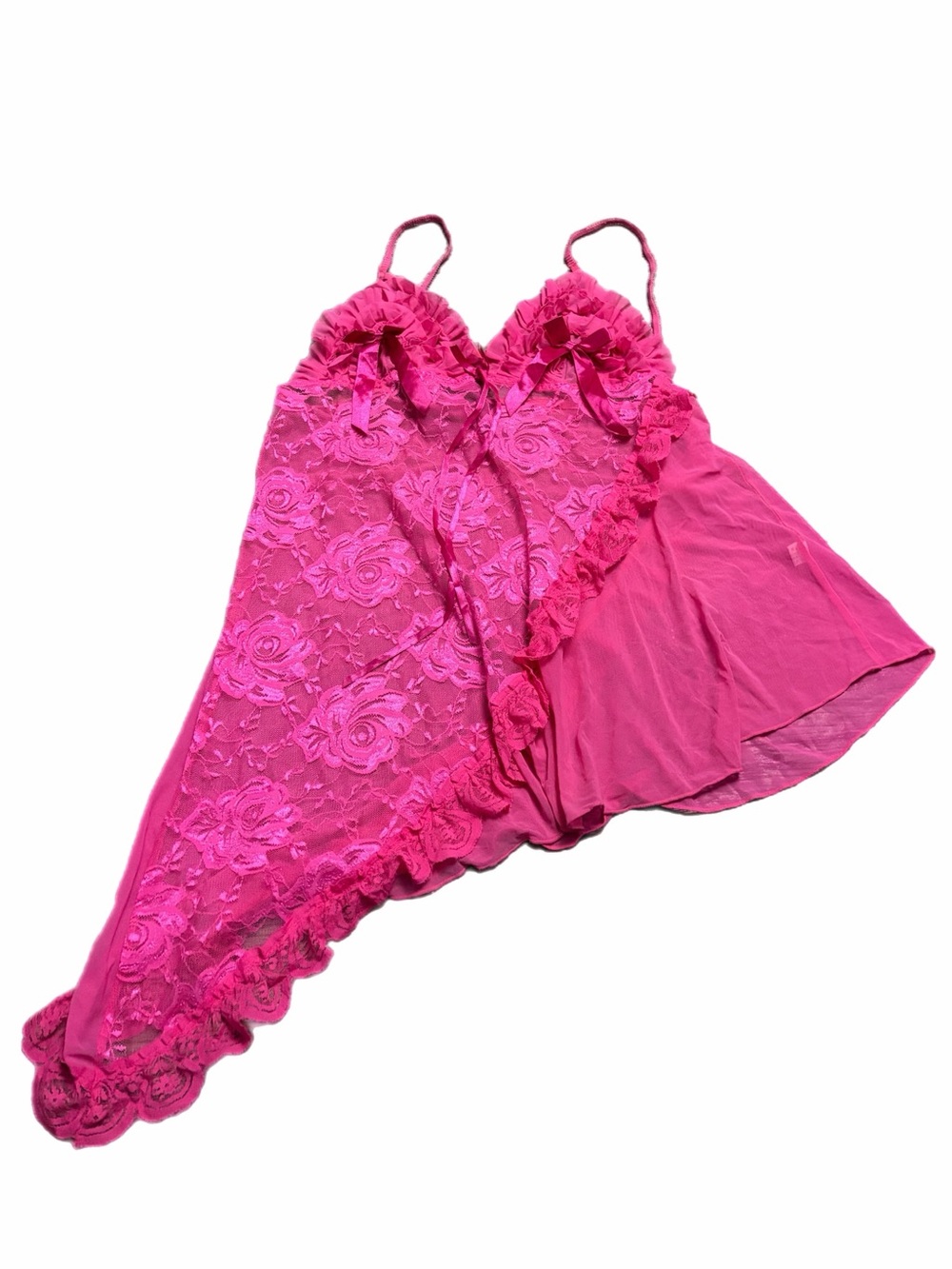 90s/Y2K European Vintage Floral Lace/Mesh Asymmetrical Babydoll Slip (Pink) L/XL
